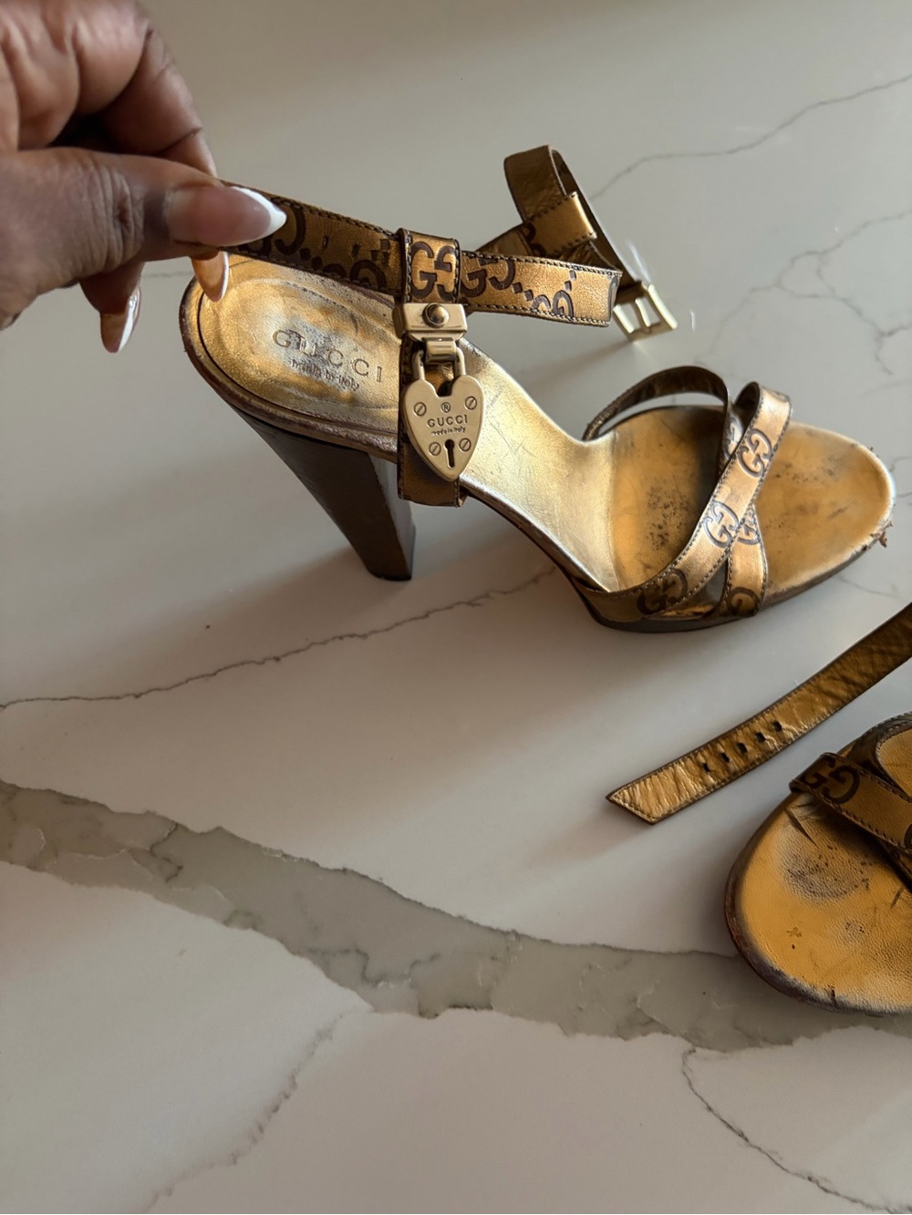 Gucci Metallic Bronze GG Logo Strappy Heels - Picture 4 of 7